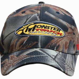 Leaf print camouflage cotton twill cap featuring a logo, primarily in shades of green and brown.