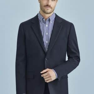 A classic men's blazer in navy with a two-button design, featuring a pocket and subtle branding.