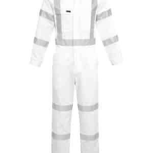 A white overall featuring reflective stripes, complete with a front zip and pockets, designed for men.