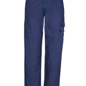 Navy blue Cordura® Duckweave work pants featuring multiple pockets and a logo. Suitable for workwear.