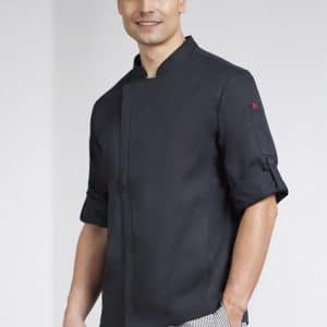 A long sleeve chef jacket in black, featuring a sleek design and rolled-up sleeves, with a logo on the arm.