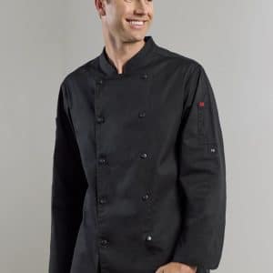 A black long sleeve chef jacket featuring a double-breasted design and a logo on the sleeve.