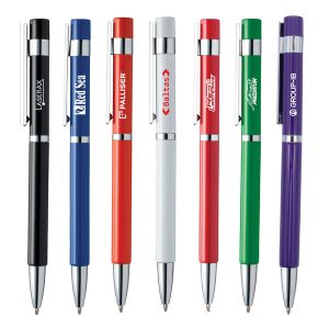 A collection of pens in various colours including black, blue, red, white, green, and purple, featuring logos.