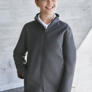 A grey jacket featuring a zip front and a stand collar, worn by a smiling young girl against a textured background.