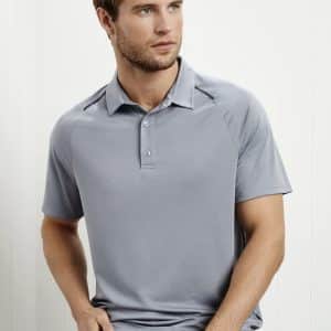 A grey short sleeve polo shirt featuring a collar and buttons, displayed on a model against a light background.