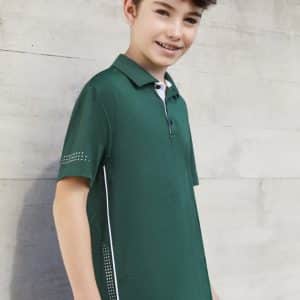 A green short sleeve polo shirt for kids featuring a collar and a logo. The design includes subtle detailing on the sleeves.