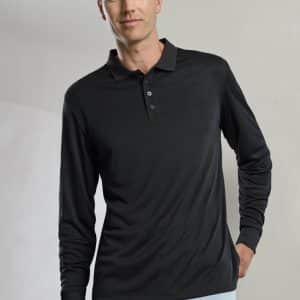 A man wearing a black long sleeve polo shirt, featuring a collar and button placket. The shirt has a logo present.