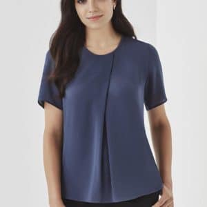 A short-sleeve, navy women's T-top with a rounded neckline and a subtle front pleat, featuring a branding logo.