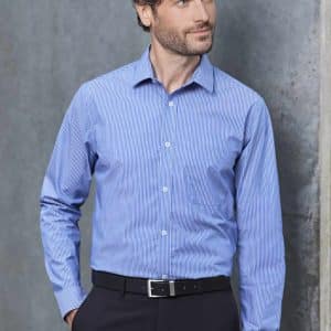 A long sleeve button-up shirt in blue and white stripes on a model against a grey background, featuring a logo.